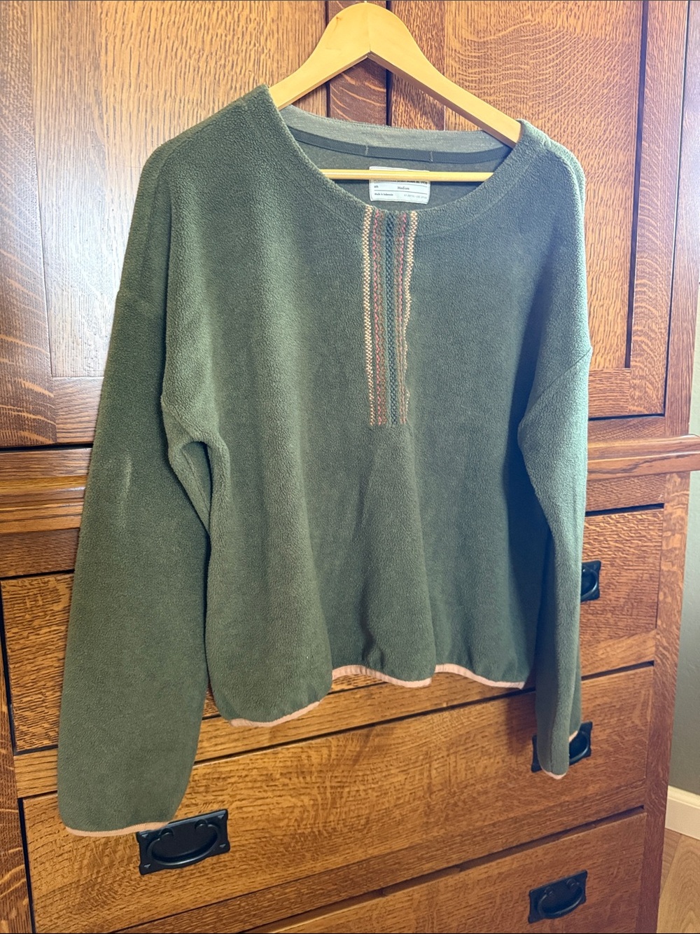 REI Cooperative Olive Green Crewneck Sweatshirt with Striped Neck Detail